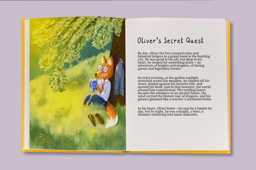 The story and illustration of the reading fox displayed in a book