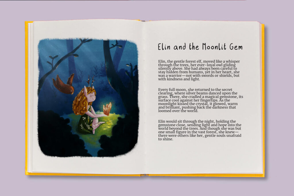The story and illustration of the midnight elf displayed in a book