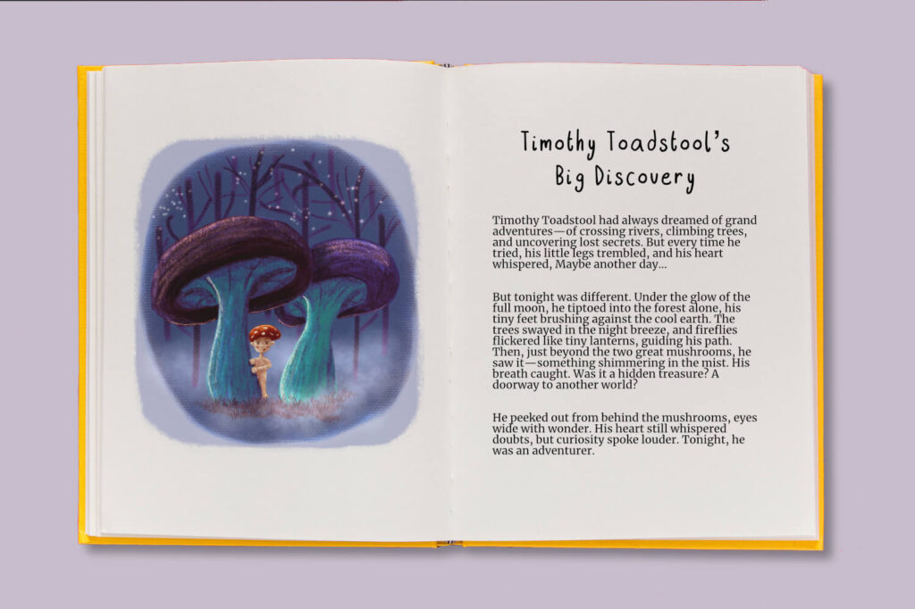 The story and illustration of the little mushroom boy displayed in a book
